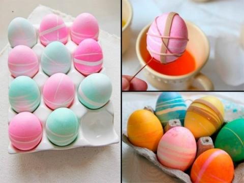 Декорирование яйца с помощью красителя и резинок